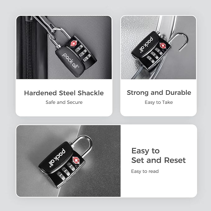 pack all TSA Approved Luggage Lock, Inspection Indicator, Alloy Body, 3 Digit Combination Padlocks, Travel Lock for Suitcases & Bag, Travel Accessories