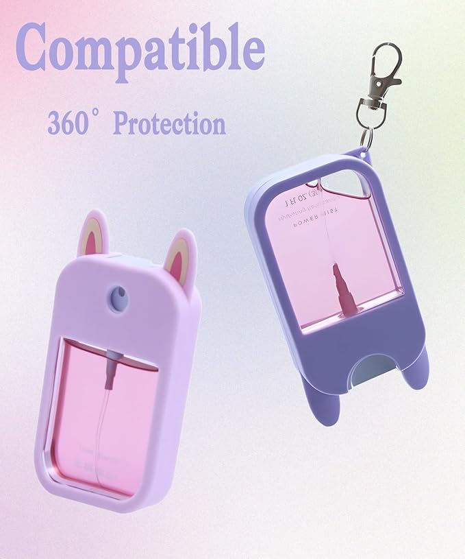 2 Sets Hand Sanitizer Spray Silicone Case Compatible with Touchland 1 FL. OZ./30 mL, Cute Ears Design Hand Sanitizer Mist Accessory with Keychain (Pink, Purple)