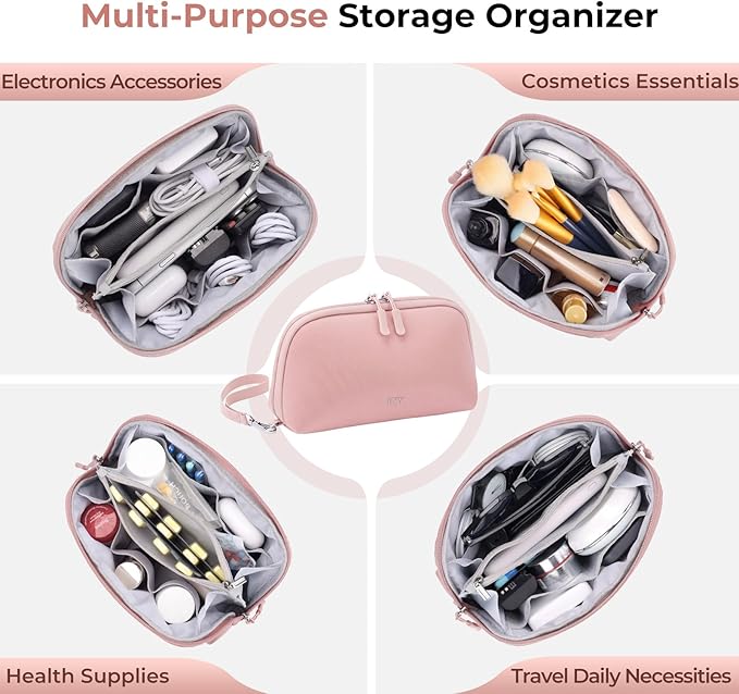 FYY Travel Cable Organizer - 8 Compartments Lightweight Water Resistant Tech Pouch with Wrist Strap, Portable Electronic Accessories Case for Cord Charger Storage for Travel Home Office Pink (Medium)