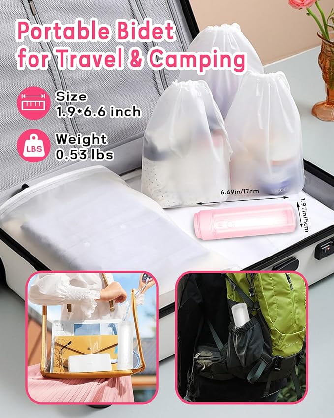 Portable Bidet - Handheld Travel Bidet with 3 High Spraying Modes, USB-C Rechargeable and IPX7 Waterproof for Women and Men Personal Hygiene Cleaning/Soothing Postpartum Care