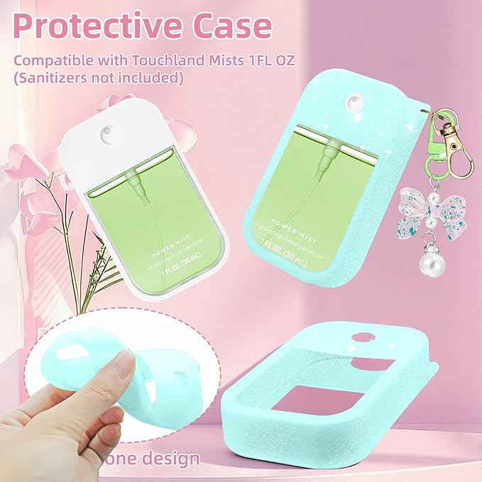 Silicone Case Compatible with Touchland Hand Sanitizer Spray Mist 1 oz with Bow Keychain
