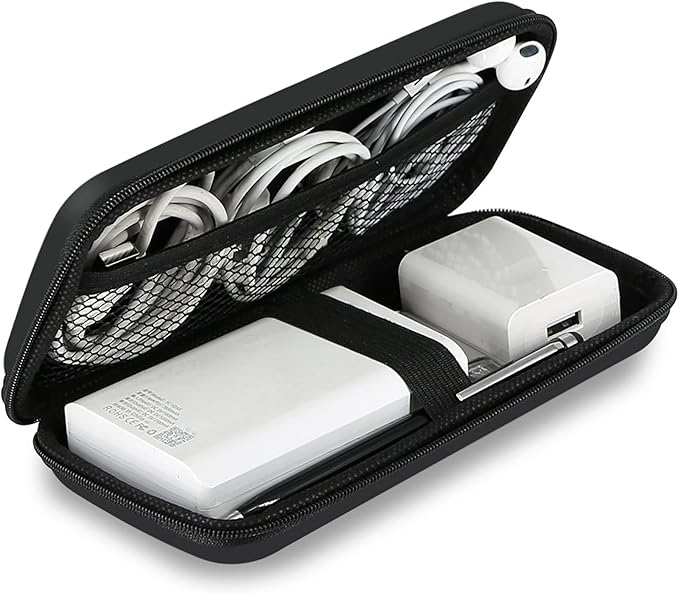 iMangoo Travel Essential Electronics Organizer Pouch Charger Case, Shockproof Dual Zipper Power Bank Cables Tech Accessories Purse, Men & Women Travel Must Have Storage Bag, 6.5x3.2x1 inch Black