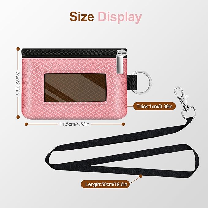 Minimalist RFID Blocking Small Wallet with ID Window,WaterResistant Zip Id Case Wallet with Lanyard Keychain for Cards,Cash,Travel,Women,Men (Pink/Brown)