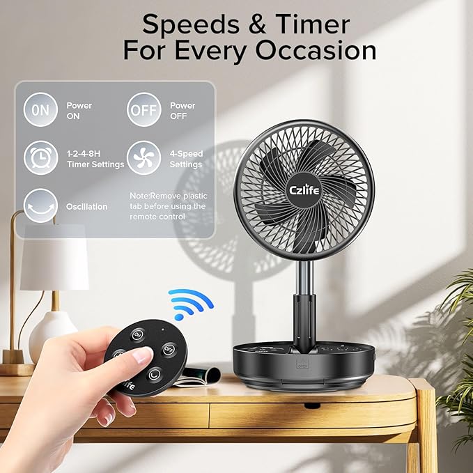 Czlife F9 Portable Fan, 10000mAh Rechargeable Battery Powered for Travel Sleeping Camping Bedroom Outdoor, Cordless Floor Desk USB Fan with Remote, 4 Speed, Timer, 7.7" (Black with Case&Charger)