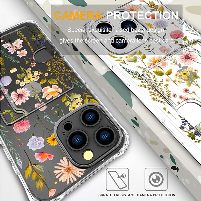 Compatible with iPhone 16 Pro Max Case Card Holder for Women Cute Design,Wallet Phone Cases Transparent Cool Kawaii Protective (Clear Watercolor Floral)