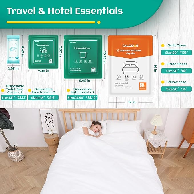 Travel Essentials Disposable Bed Sheet Set, King Size Disposable Sheet with Bath Towel Face Towel Toilet Seat Cover,Disposable Bed Sheet for Hotel Essentials for Cruise Ships,Hotel, Camping,SPA
