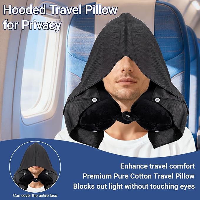 Travel Pillow with Removable Large Hood, Memory Foam Neck Pillow for Airplane, Car, Train Travel Sleeping & Rest, with Soft Cover (Black)