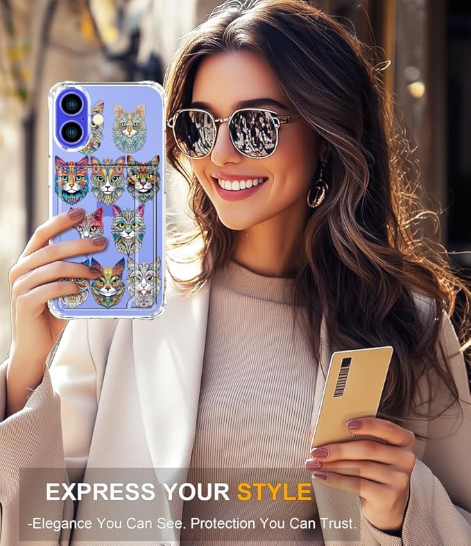 Compatible with iPhone 16 Case Card Holder for Women Cute Design,Wallet Phone Cases Transparent Cool Kawaii Protective (Clear Tattoo Cats Animal)