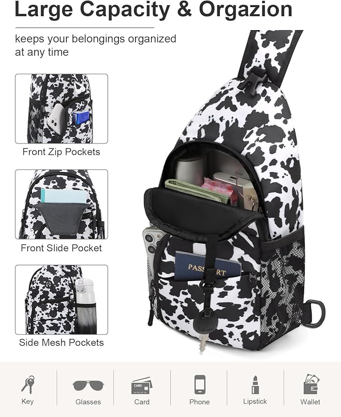 Pritent Crossbody Bags for Women Man Waterproof Sling Bag Backpack Trendy Casual Cross Body Bag with Convertible Shoulder Strap Chest Bag for Camping Hiking Travel Essentials (Cow print, Large )