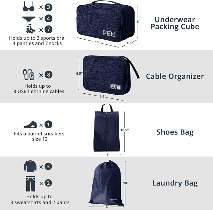 NICOSHOW 7 Set Compression Packing Cubes for Travel - Compressible, Lightweight, and Space-Saving Packing Cubes, Travel Essentials for Women, Navy