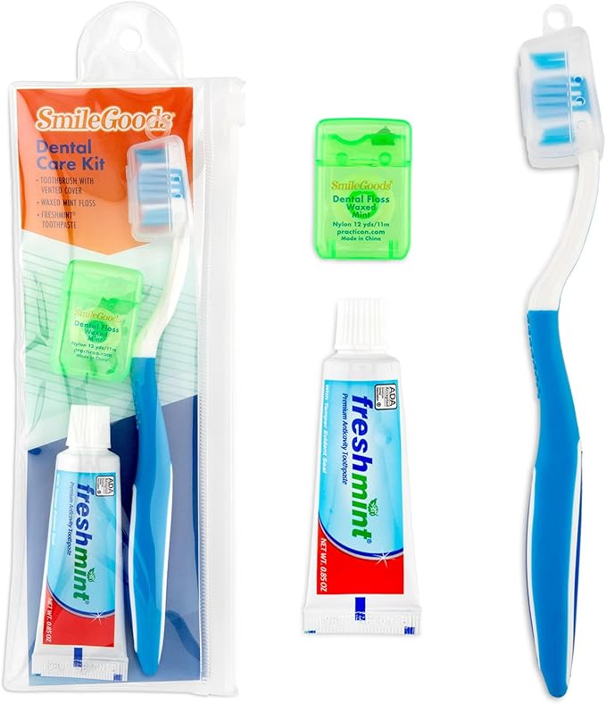Adult Dental Care Kit, Travel Size Bundle w/Toothbrush with Cover, Toothpaste, and Floss, TSA Compliant Oral Care Kit