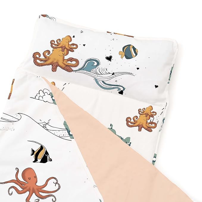 JumpOff Jo Extra Long Nap Mat for Kids - Cozy Kids Rest Mat with Removable Pillow and Ultra Soft Blanket for Preschool, Daycare, and Sleepovers - Octopus Treasure