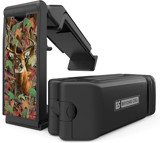 Beyond Cell Travel Accessories, Universal Seat Back Tray Table Hands Free Phone Clip Holder, Adjustable Pocket Size Travel Essentials Compatible with iPhone and Android Deer Outdoors Hunting Camo