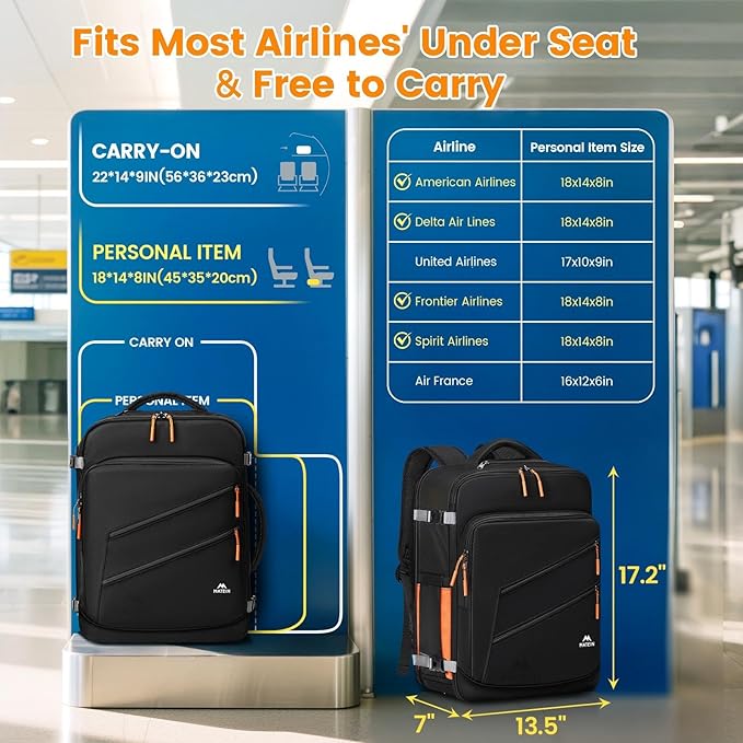 MATEIN Personal Item Backpack 18x14x8 with Shoe Compartment Detachable, Airline Approved Carry On Backpack for Travel with Electronics Case, Lightweight Luggage Bag for Spirit Airlines Fits 17" Laptop