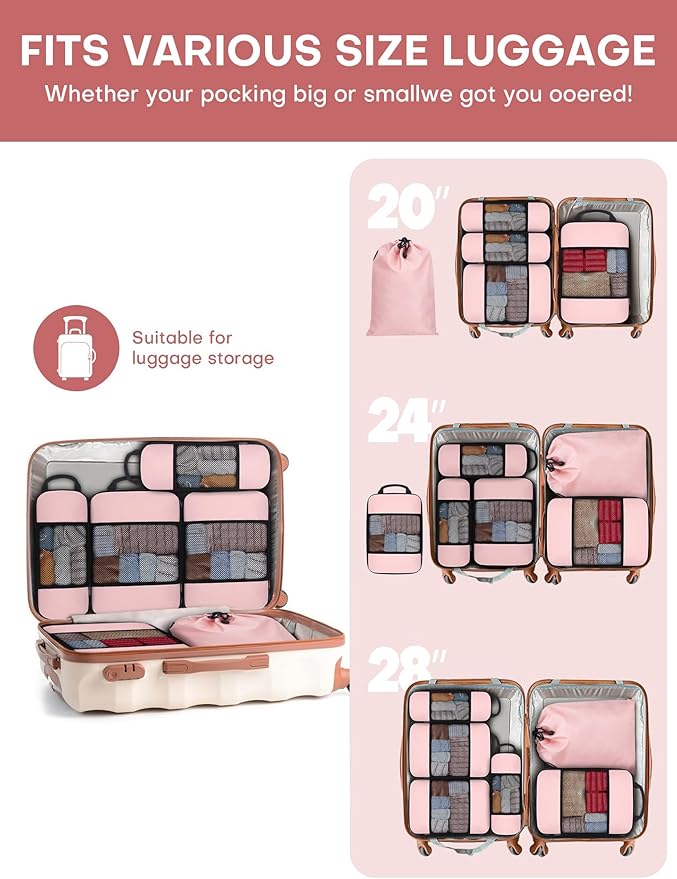 SDGFUI 6 PCS Set Compression Packing Cubes for Travel, Lightweight Packing Organizer Bags Travel Essentials for Carry On, Suitcase, Home Closet - Pink