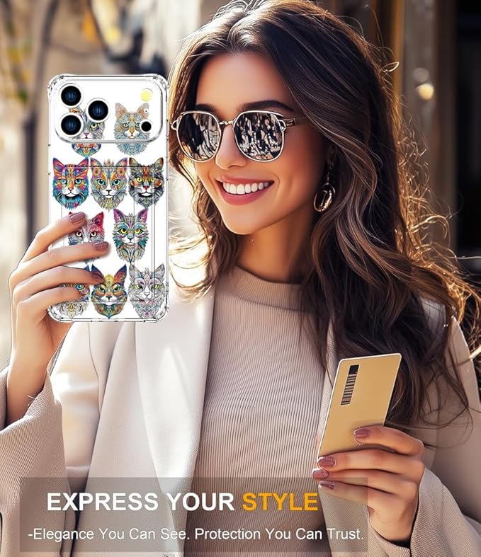 Compatible with iPhone 17 Pro Max Case Card Holder for Women Cute Design,Wallet Phone Cases Transparent Cool Kawaii Protective (Clear Tattoo Cats Animal)