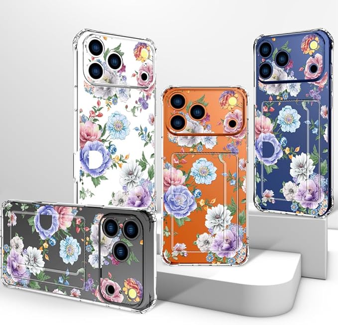 Compatible with iPhone 17 Pro Max Case Card Holder for Women Cute Design,Wallet Phone Cases Transparent Cool Kawaii Protective (Clear Amazing Lovely Flowers)