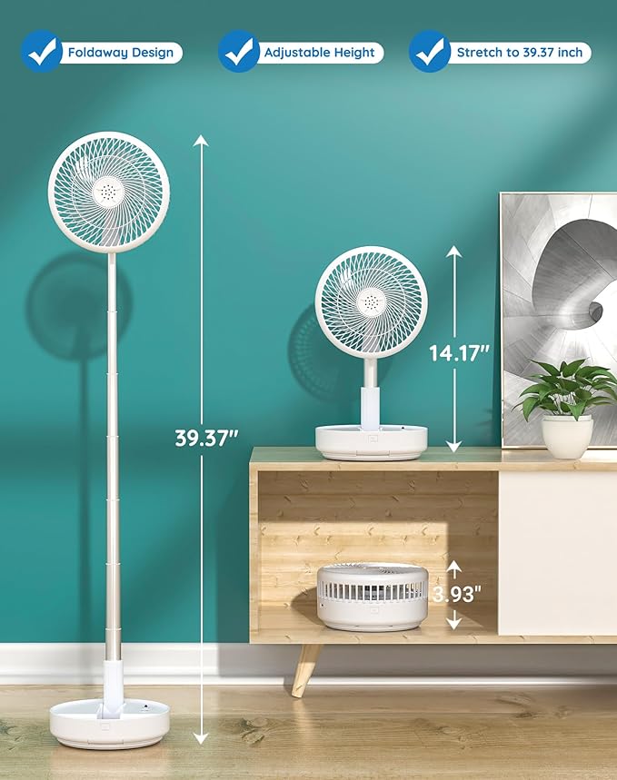 Primevolve Portable Oscillating Standing Fan,Rechargeable Battery Operated USB Floor Table Desk Fan with Remote, Bedroom Camping Travel Fans White 7.7"