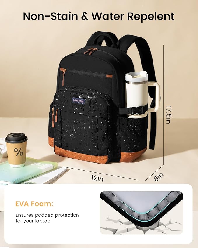 LOVEVOOK Laptop Backpack for Women with Stanley Cup Holder,15.6 Inch DIY Design Travel Work Backpack Computer Laptop Bag,Waterproof Nurse Teacher College Backpack Purse,Gifts for Women Men,Brown-Black