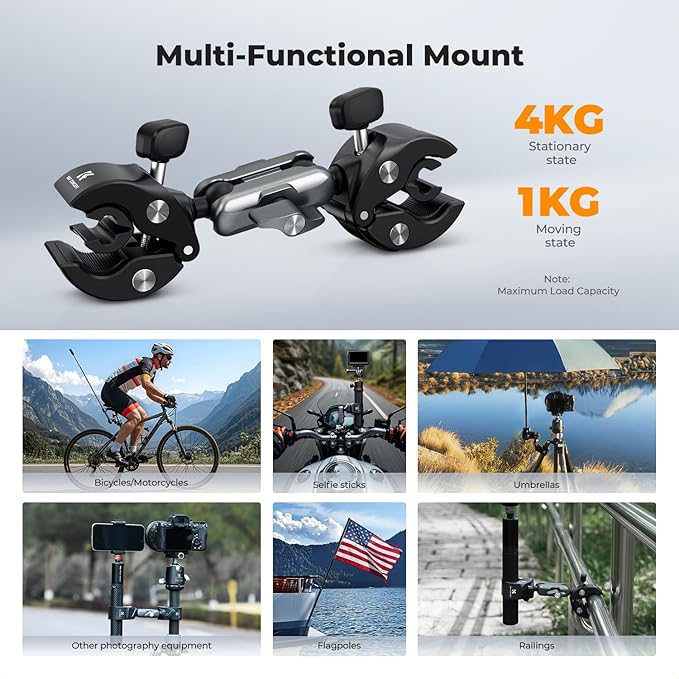 K&F CONCEPT Dual Super Clamp Camera Mount with 360° Ball Head, Bike/Motorcycle Handlebar Mount for Pole, Tripod, Desk, Flag, Umbrella