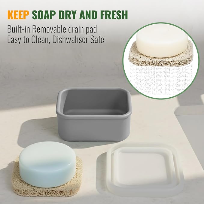 AIMAIAIMAI Shampoo Bar Travel Case Compatible with Kitsch, Leakproof Silicone Small Travel Soap Case with Draining Pad, Portable Soap Container for Gym & Camping, 1 Pack (Gray)