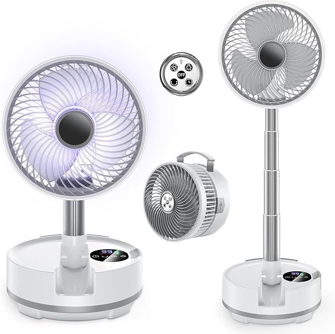 8 inch Portable Fan-Battery Operated Fan, Oscillating Rechargeable Fan with 20000mAh, Remote Control LED Lights, 72HR Run Time, Outdoor Portable Foldable Fan for Camping＆travel (White