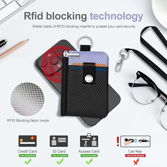 Minimalist RFID Blocking Small Wallet with ID Window,WaterResistant Zip Id Case Wallet with Lanyard Keychain for Cards,Cash,Travel,Women,Men (Black/Lavender Purple)