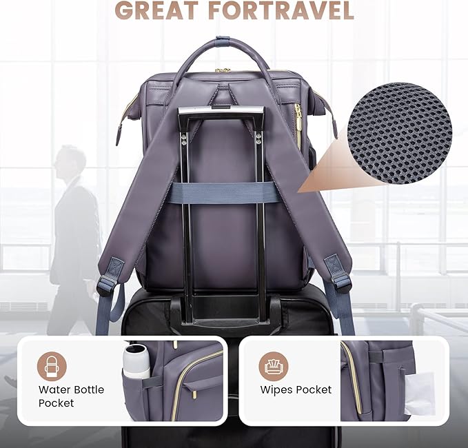 LOVEVOOK Leather Laptop Backpack for Women 15.6 inch,Travel Backpack Purse Nurse Teacher Backpack Computer Laptop Bag,Professional College Business Work Bag Carry On Backpack with USB Port,Grey Purple
