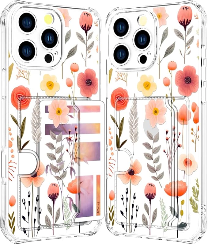 Compatible with iPhone 16 Pro Max Case Card Holder for Women Cute Design,Wallet Phone Cases Transparent Cool Kawaii Protective (Clear Flowers Leaves)