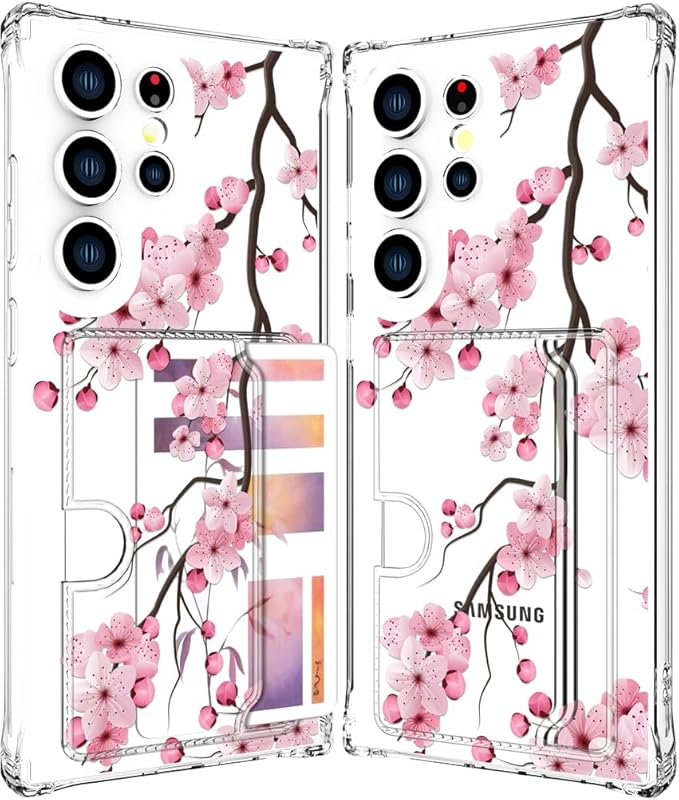 Compatible with Samsung Galaxy S24 Ultra Case Card Holder for Women Cute Design,Wallet Phone Cases Transparent Cool Kawaii Protective (Clear Sakura Peach Cherry)