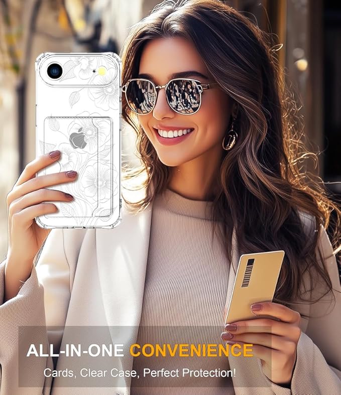 Compatible with iPhone 17 Air Case Card Holder for Women Cute Design,Wallet Phone Cases Transparent Cool Kawaii Protective (Clear Seamless Abstract Flower)