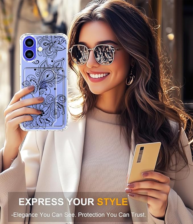 Compatible with iPhone 17 Case Card Holder for Women Cute Design,Wallet Phone Cases Transparent Cool Kawaii Protective (Clear Black Henna Flower)