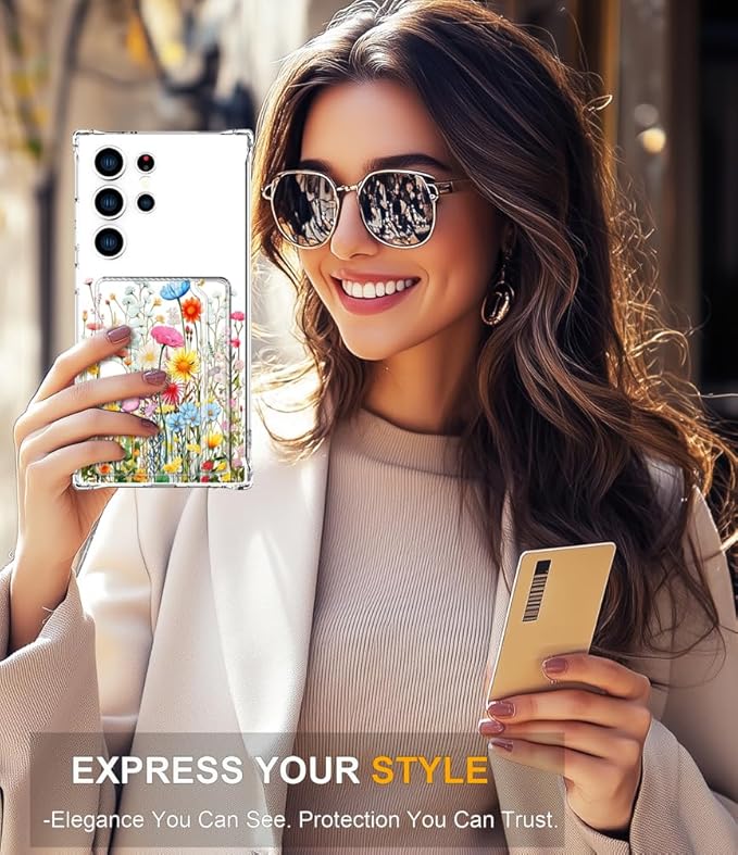 Compatible with Samsung Galaxy S24 Ultra Case Card Holder for Women Cute Design,Wallet Phone Cases Transparent Cool Kawaii Protective (Clear Flowers Herbs Wild Plants)