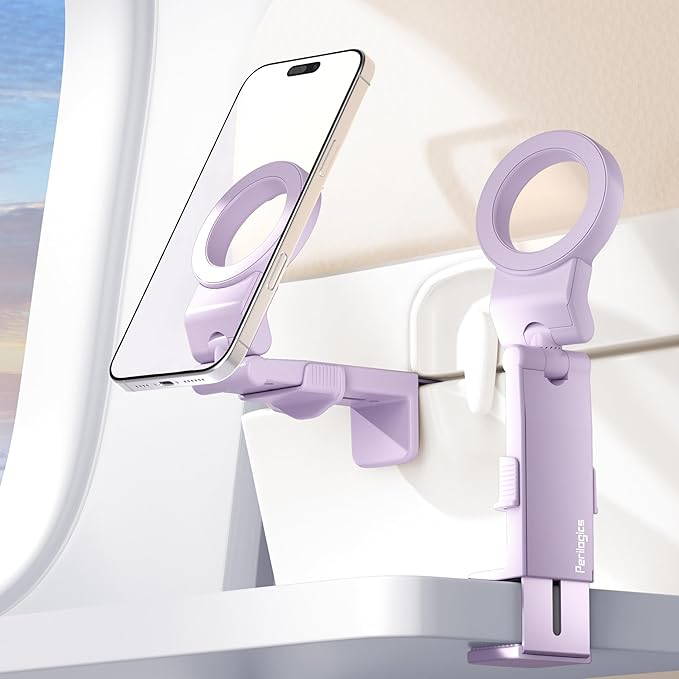 Perilogics Airplane Phone Holder for MagSafe. Universal Phone Mount for Long Flight Airplane Travel Essentials, Cruise Must Haves. Ideal Travel Accessory for Vacation and Content Creators (Lavender)