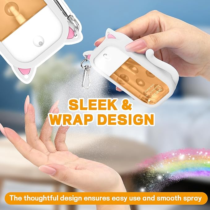 Cute Cat Silicone Cover for Touchland Hand Sanitizer Spray with Keychain,Fit 1FL OZ/30ML Power Mist,4 Charms Accessory Hand Sanitizer Keychain Holder for Touchland(1PCS White)