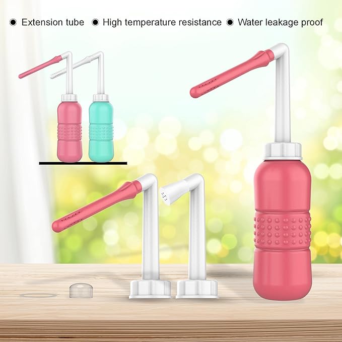 2PCS-Pack 2IN1 Intimate Wash for Women,2 Nozzle（Short+Long）,Portable Bidet Travel Bidets with Waterproof Cap + Storage Bag,Peri Bottle for Postpartum Care (Pink+Green)