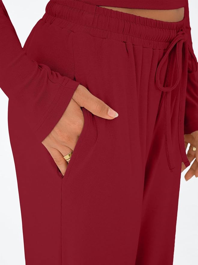 Trendy Queen Women's 2 Piece Matching Lounge Set Long Sleeve Side Ruching Top Wide Leg Drawstring Pants Set with Pockets