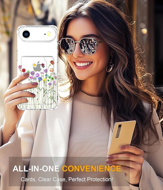 Compatible with iPhone 17 Air Case Card Holder for Women Cute Design,Wallet Phone Cases Transparent Cool Kawaii Protective (Clear Flower Floral Bouquet)