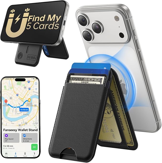 TWZKG for MagSafe Wallet, Works with Apple Find My,5 Card Holder with Stand, Magnetic Phone Wallet for iPhone 17/16/15/14/13/12 Pro Max Plus Air, RFID Blocking Vegan Leather,Black