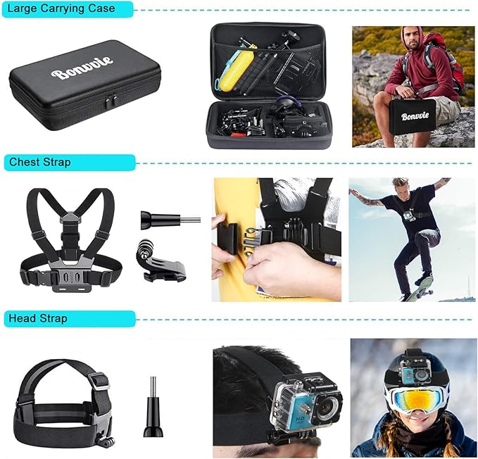 Action Cameras Accessory Kit, Bonvvie 50-in-1 Sports Camera Accessory Kit Compatible with Hero 13/12/11/10/9/8/7 Black, Max/Fusion, Insta360 Osmo Action SJCAM SJ6000 SJ5000 Campark REMALI