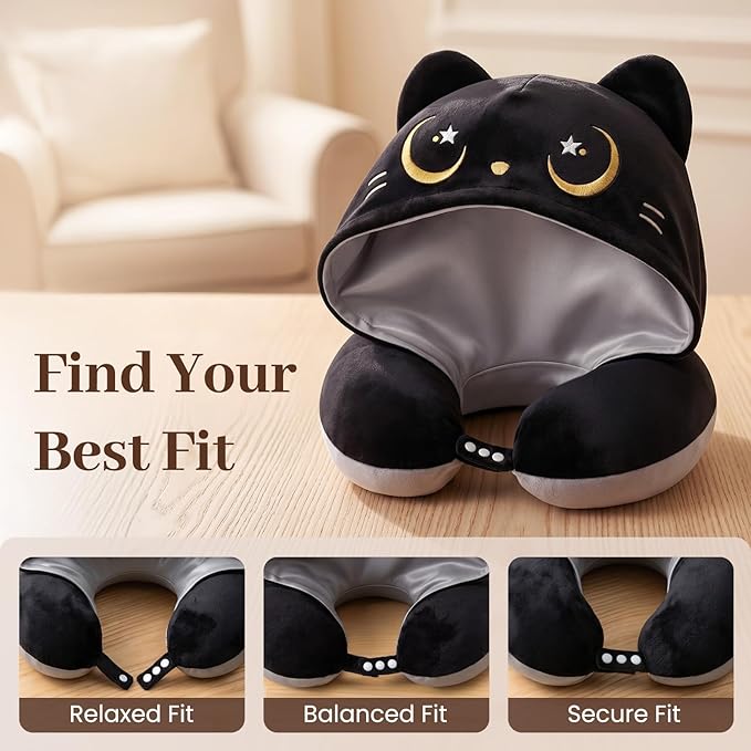 Mewaii Travel Neck Pillow with Hood for Airplanes,Memory Foam,Breathable Ice Silk & Soft Velvet,Double-Sided,Removable to Clean,Adjustable Strap,Portable Travel Pillow for Long Flights Adults & Teens