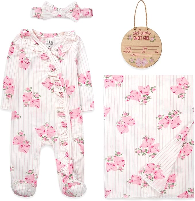Newborn Baby 4 Piece Coming Home Outfit Gift Set – Footie Sleeper, Blanket, Headband & Ornament for Boys & Girls
