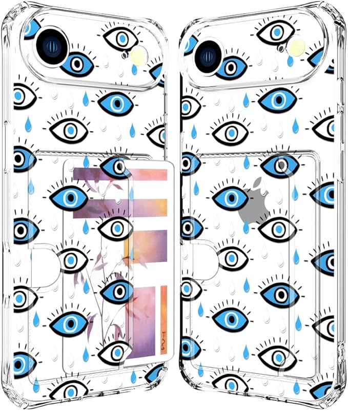 Compatible with iPhone 17 Air Case Card Holder for Women Cute Design,Wallet Phone Cases Transparent Cool Kawaii Protective (Clear Blue Evil Eyes)
