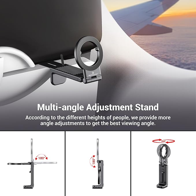PROfezzion Magnetic Airplane Phone Holder for Mag Safe iPhone 17 16 15 14 13 12 & All Phone, 360°Rotation Travel Must Have Handsfree Phone Mount for Desk/Tray Table Travel Accessory