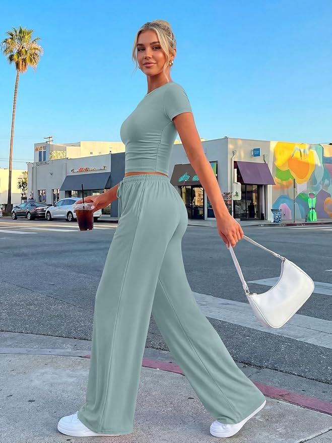 Trendy Queen 2 Piece Matching Summer Lounge Set Womens Side Ruching Top Wide Leg Pants Sets with Pockets