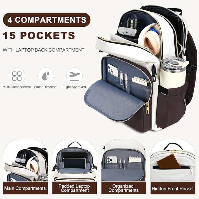 VANKEAN Laptop Backpack for Women with Pouch Pocket for Large Capacity Tumbler, 15.6 Inch Laptop Computer Bag Travel Backpack Purse,Waterproof Work Business College Teacher Bags, Beige-Coffee