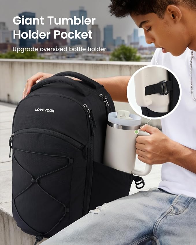 LOVEVOOK Everyday Laptop Backpack for Women & Men With Giant Tumbler Holder,17 Inch Classic Travel Work College Teacher Carry on Backpack Purse,Waterproof Computer laptop Bag Hiking Backpack,Black