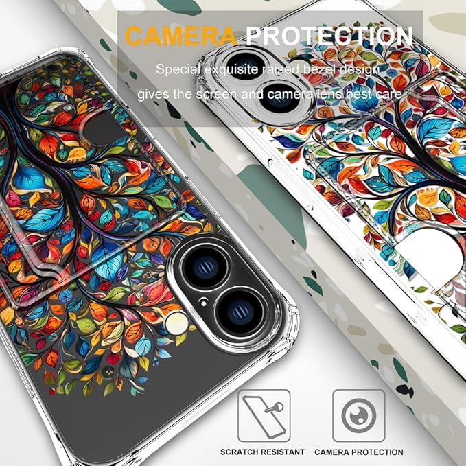 Compatible with iPhone 17 Case Card Holder for Women Cute Design,Wallet Phone Cases Transparent Cool Kawaii Protective (Clear Tree Colorful Leaves)