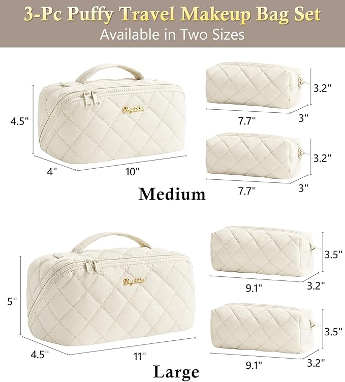 Travel Makeup Bag, 3 Pcs Large Capacity Puffy Toiletry Bag for Women, Open Flat Make up Cosmetic Organizer w/Handle & Clear Divider Water-resistant Portable Pouch Travel Essentials, L-Cream White