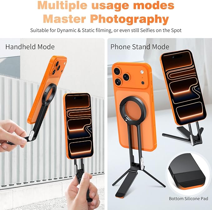 Jiunai compatible with MagSafe Tripod Stand Adjustable Magnetic Alloy Phone Carabiner Phone Holder Tripod for iPhone 17 Pro Max 16 15 14 Phone Stand for Vlog Gym Airplane Travel Essentials Accessories